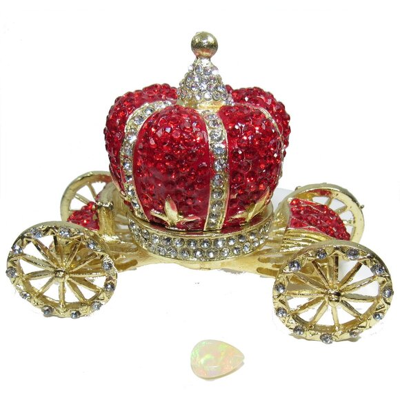 Red Crown Carriage jeweled goldtone ships with a fiery natural gemstone Opal - Picture 1 of 15